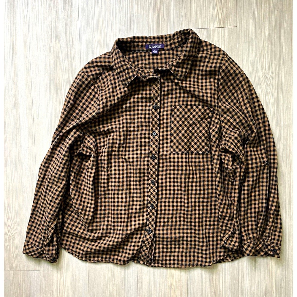 Roaman's Women's Sz 22W Plus Brown Black Gingham Flannel Button-Up Shirt Cotton